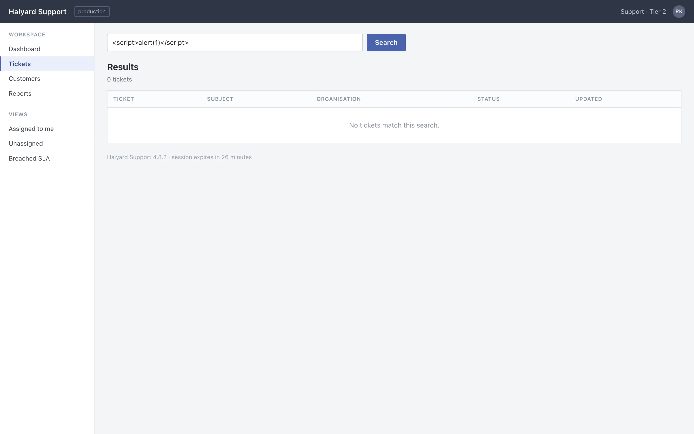 The reported payload sits in the search field as visible text reading script alert(1) close script. It is inert: the page rendered it as characters rather than as markup.
