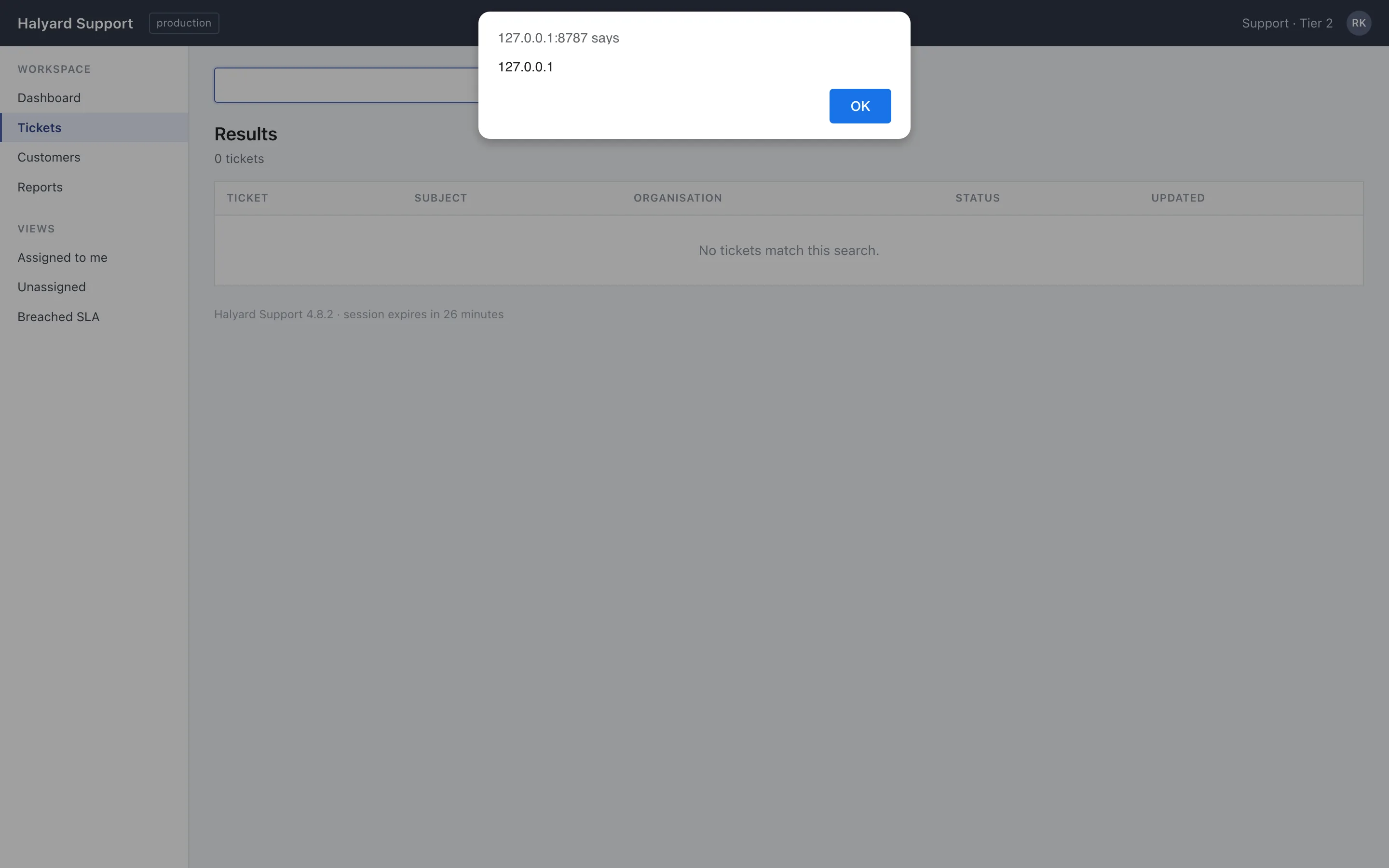 The support console dimmed behind a browser alert reading "127.0.0.1:8787 says" and "127.0.0.1", with an OK button. Behind it the search field is empty and focused: the payload closed the value attribute early, so the field renders blank and the injected autofocus took the cursor before firing the handler.