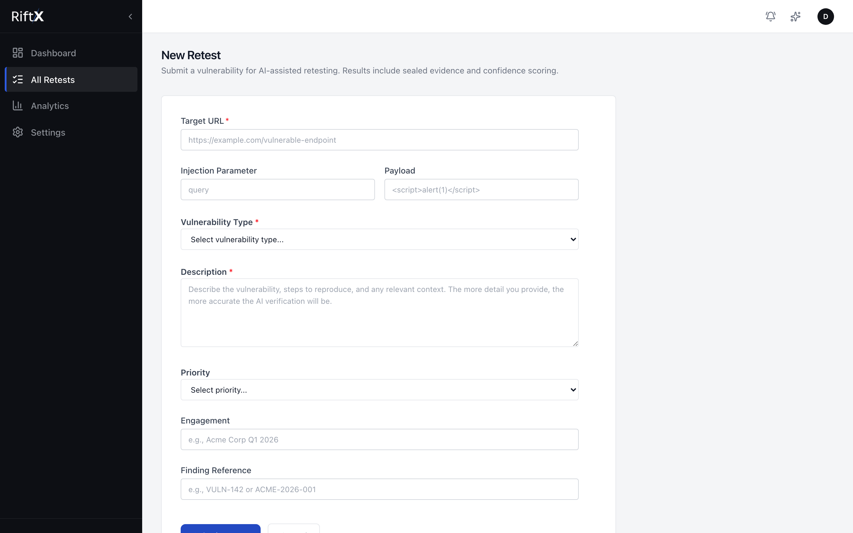 RiftX retest submission form